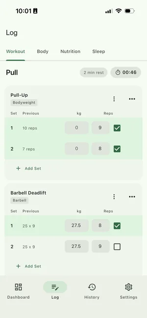 Logging a pull workout, with last session's sets next to each new set
