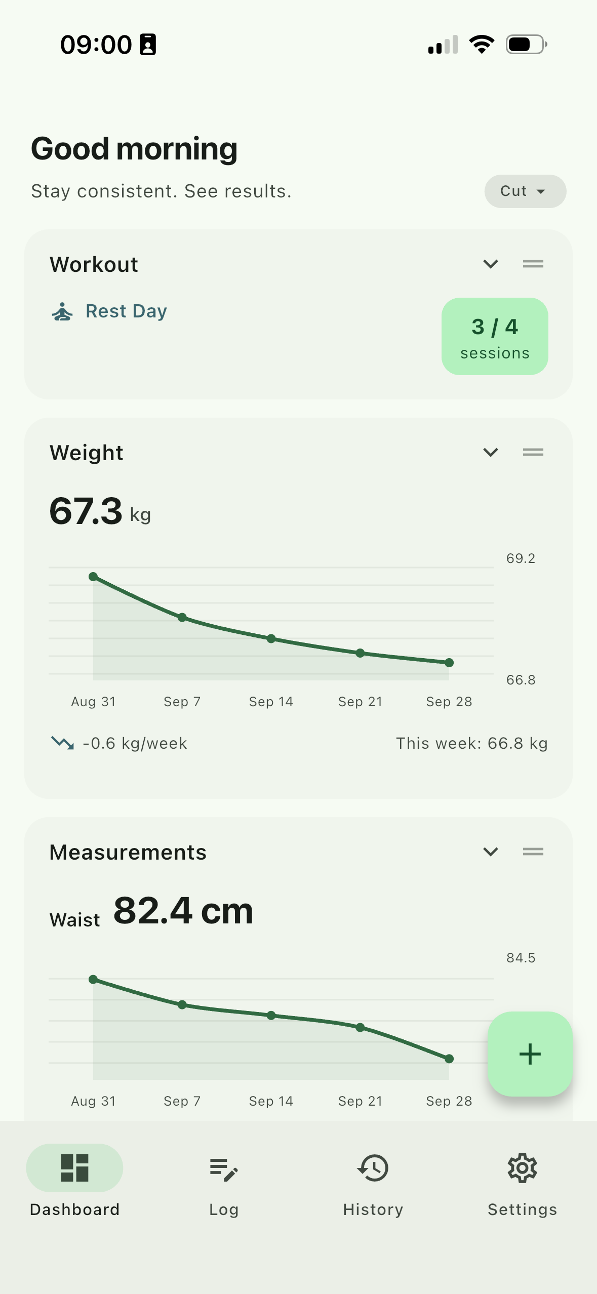 PowerLog dashboard showing weight trend and today's workout